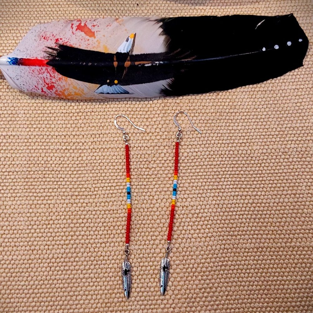 NWT, HANDCRAFTED RED SEED BEAD LONG EARRINGS.